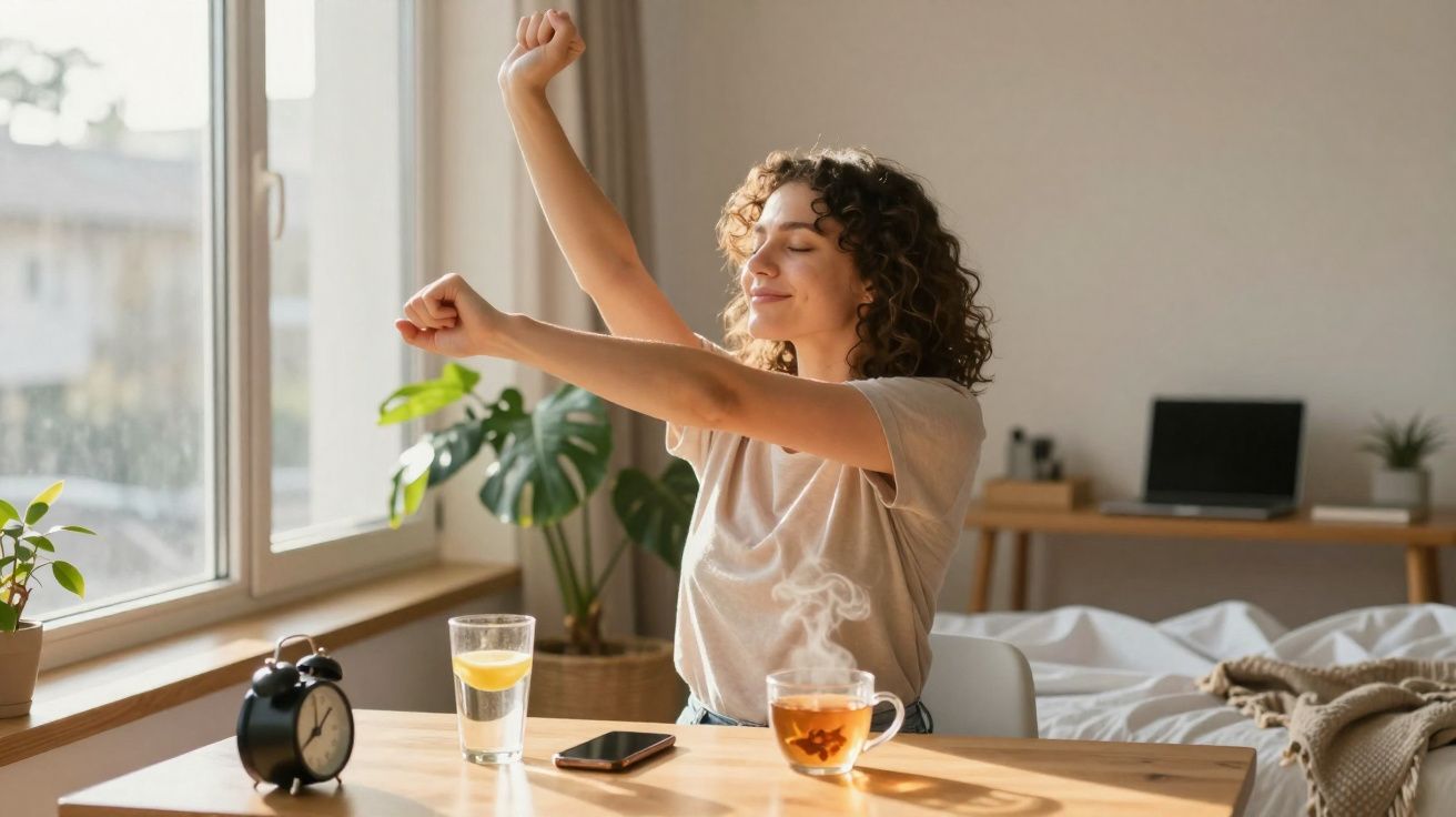 Mulher sorridente espreguiçando-se sentada à mesa com chá quente, celular, copo d’água e relógio despertador.