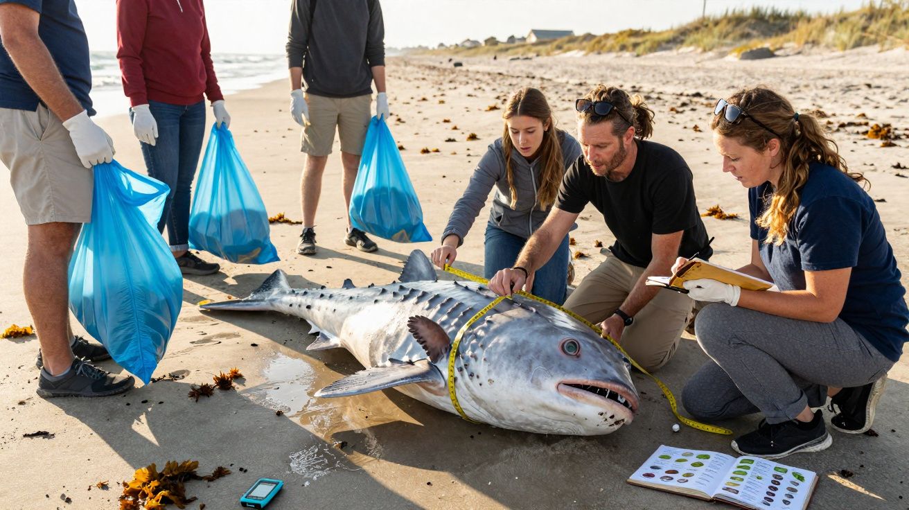 Equipe científica medindo um grande peixe encalhado em uma praia durante coleta de dados ambientais.
