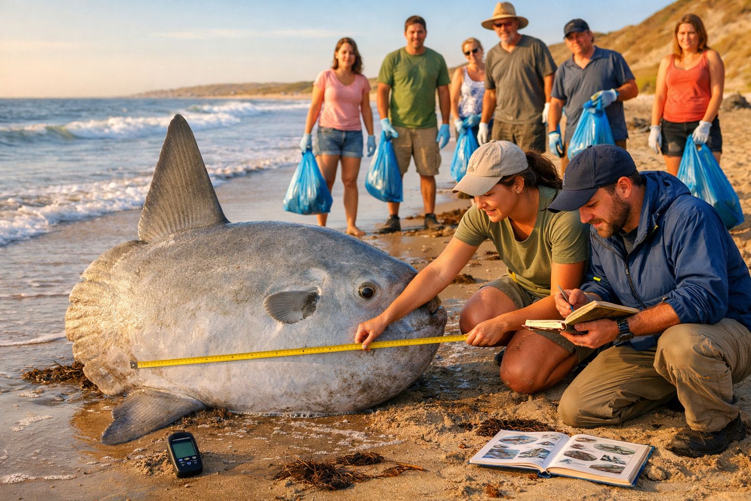 Voluntários medem e coletam dados de um peixe-sol gigante na praia durante projeto ambiental.