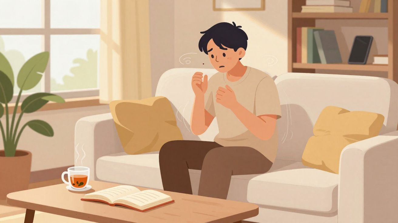 Homem sentado no sofá em uma sala com aparência de tontura e desconforto, com livro e chá na mesa.