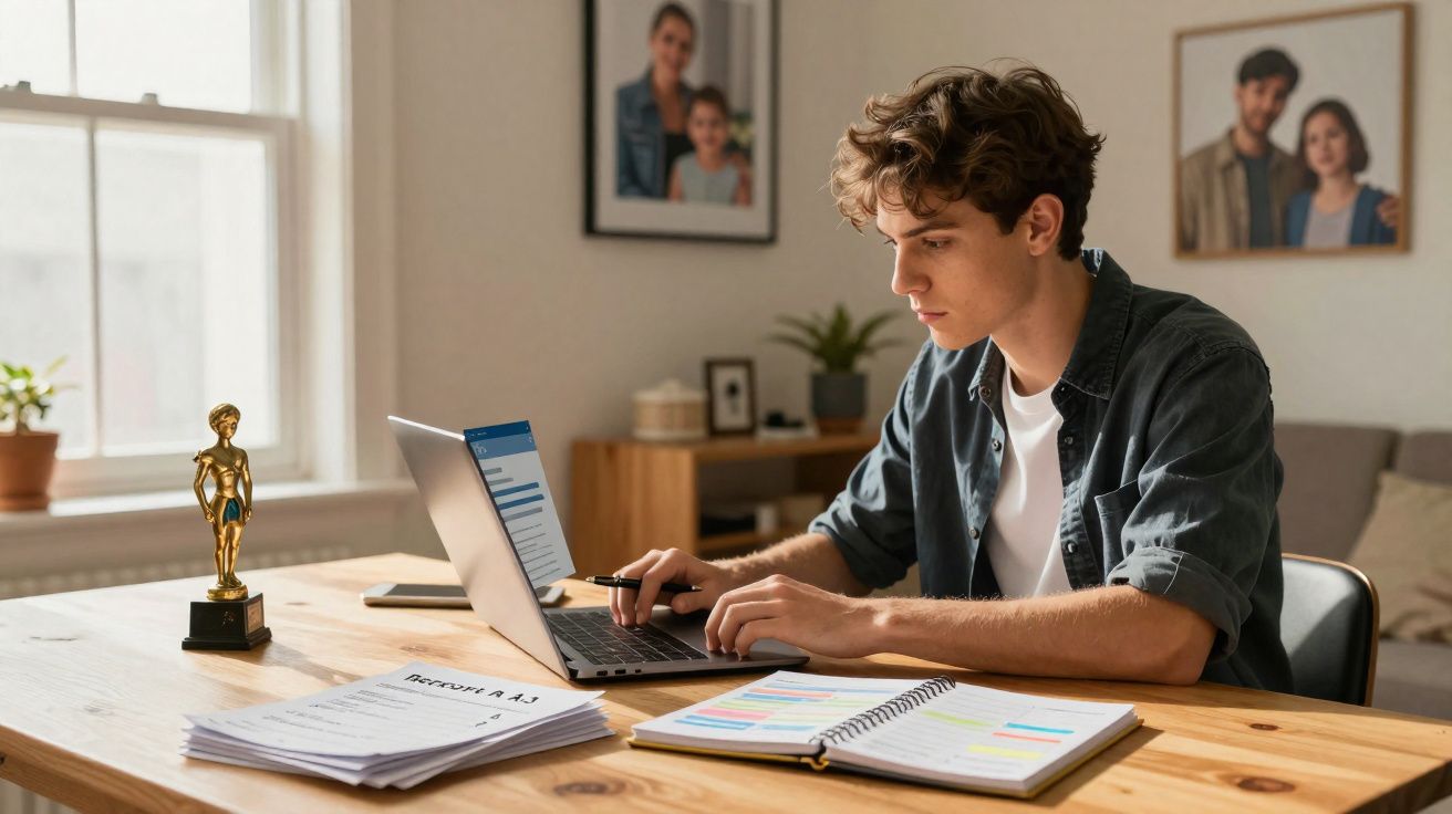 Jovem sentado à mesa usando notebook, com caderno, documentos e troféu ao lado, em ambiente doméstico.