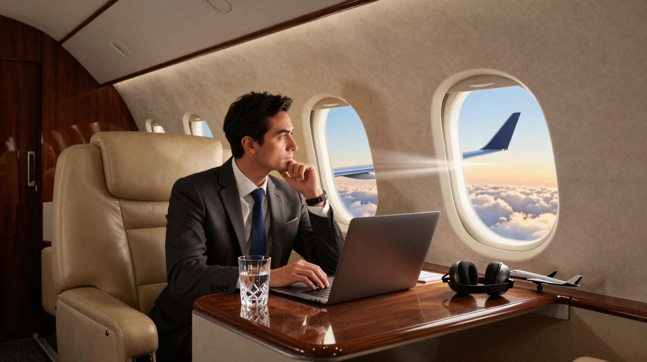 Homem de terno usando laptop enquanto olha pela janela de avião com nuvens ao pôr do sol.