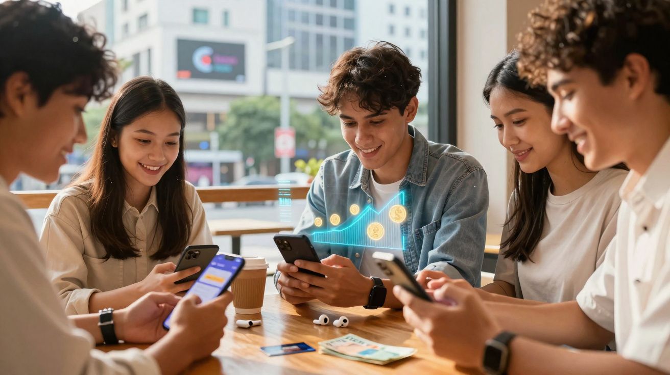 Jovens sentados em mesa com celulares, olhando para telas e gráfico digital de crescimento financeiro.