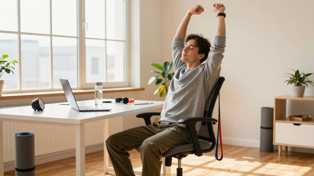 Jovem sentado em cadeira de escritório estica os braços enquanto faz pausa em ambiente iluminado e organizado.