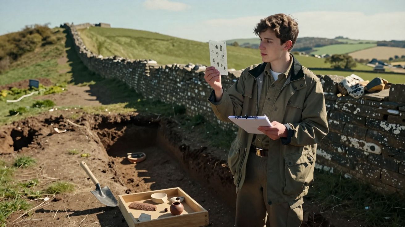 Jovem arqueólogo inspeciona artefato em sítio escavado com parede de pedra ao fundo em campo aberto.