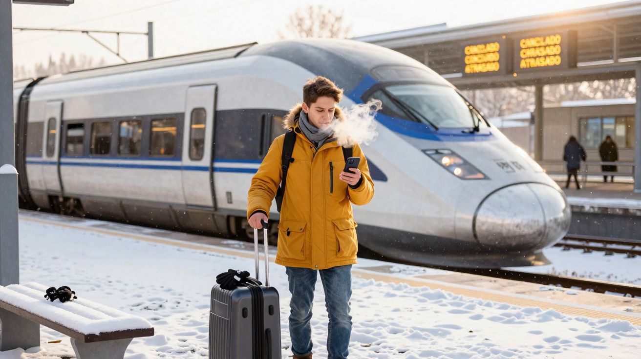 Homem com casaco amarelo e mala de viagem usando celular na plataforma coberta de neve, com trem moderno ao fundo.