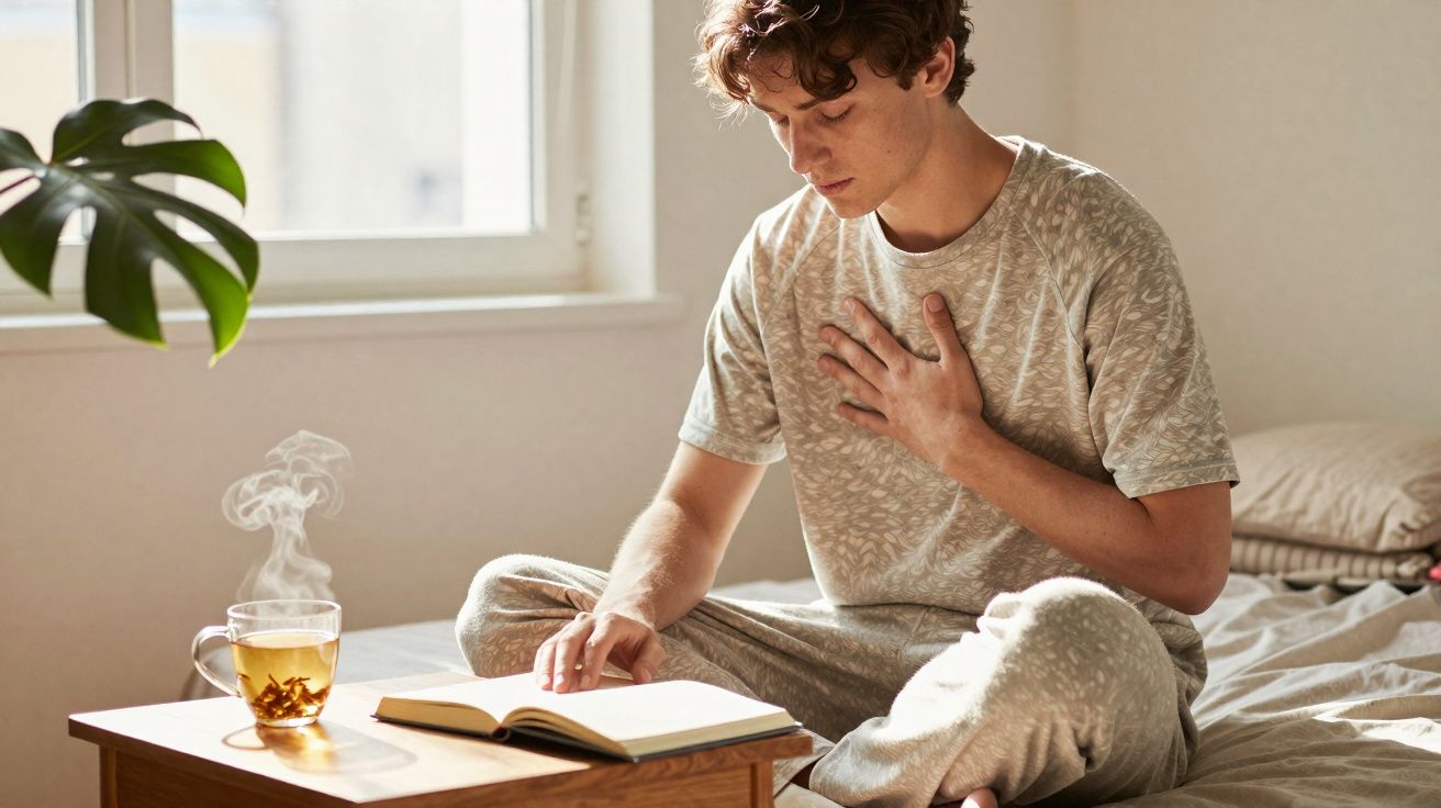 Jovem sentado na cama lendo um livro com uma xícara de chá quente ao lado em mesa baixa.