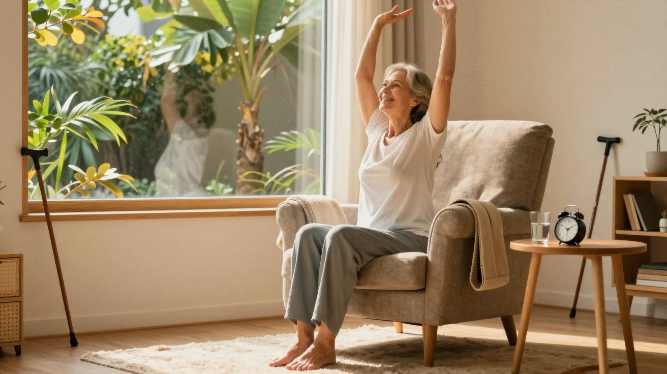 Mulher idosa feliz esticando os braços sentada em poltrona próxima à janela com plantas ao redor.