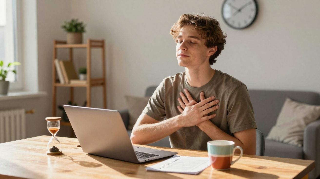 Jovem sentado à mesa com laptop, olhos fechados e mãos no peito, em atitude de gratidão ou reflexão.