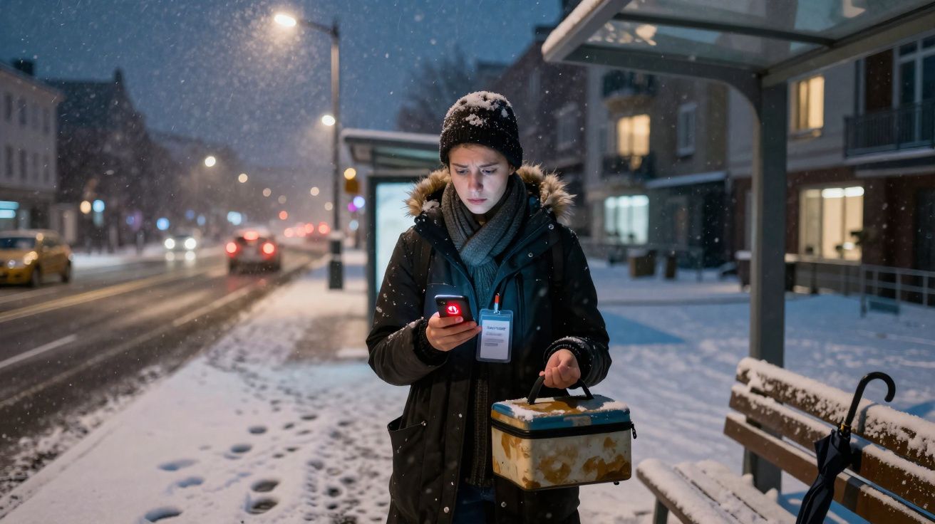 Mulher com casaco e gorro em ponto de ônibus coberto de neve, olhando para celular à noite.
