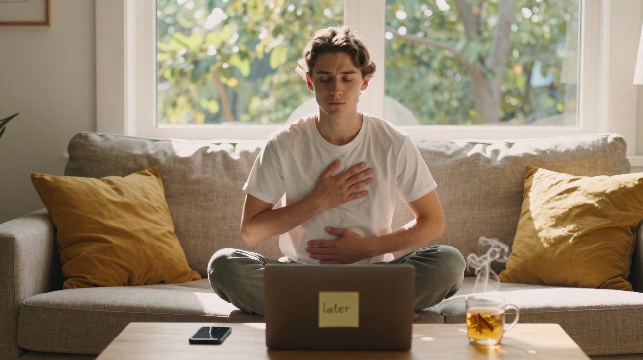 Jovem sentado no sofá segurando o peito e abdômen com laptop e xícara de chá na mesa de centro.