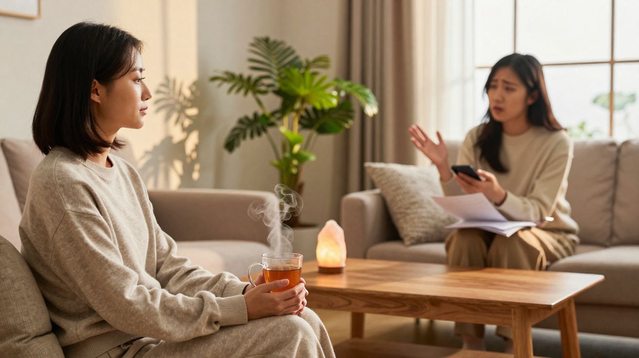 Duas mulheres conversando em sala, uma segurando chá quente e outra gesticulando com papel e celular na mão.