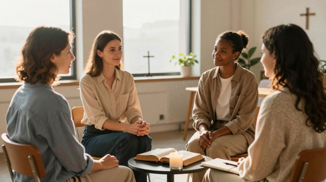 Quatro mulheres sentadas em círculo em sala iluminada com Bíblia e vela sobre a mesa.