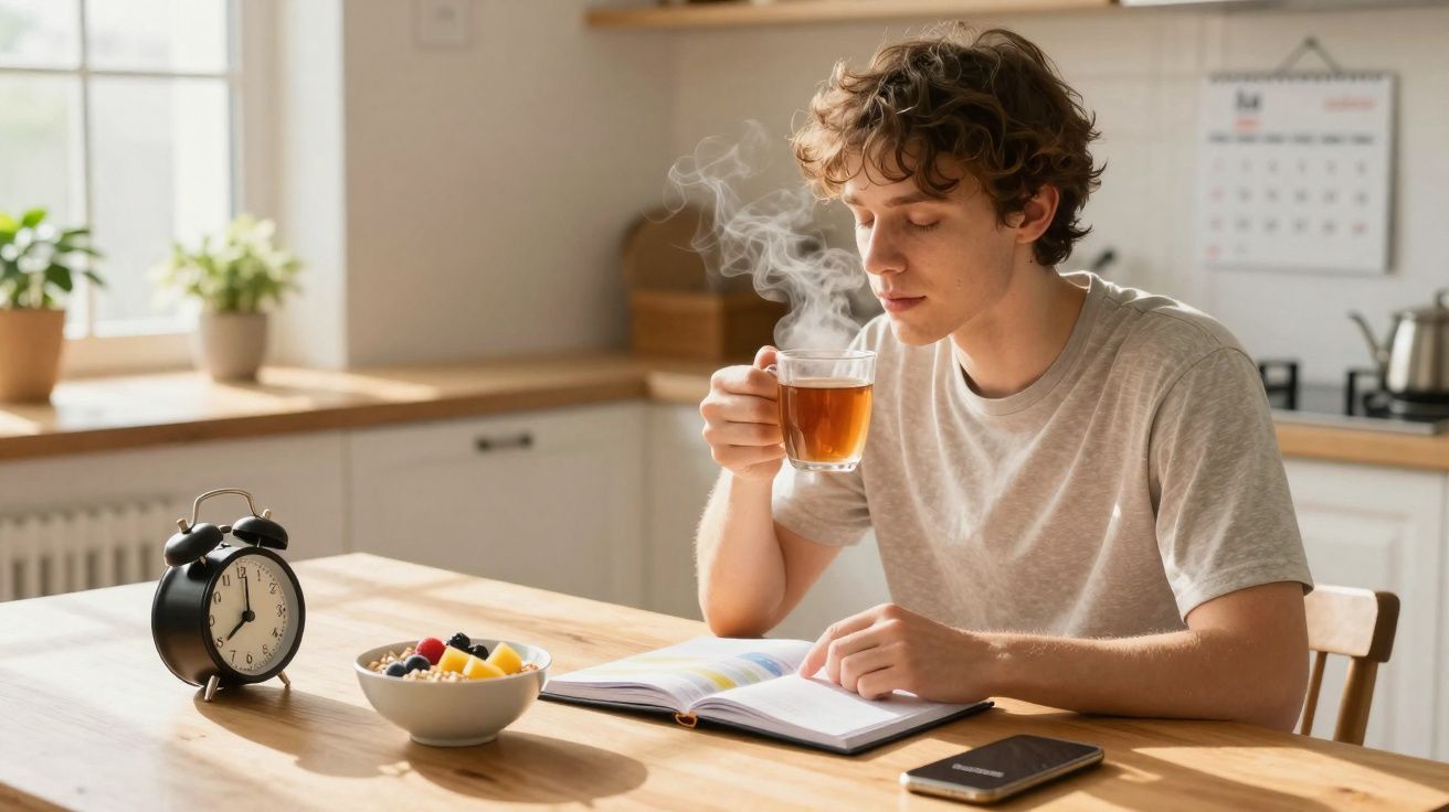 Jovem sentado à mesa na cozinha bebendo chá quente enquanto lê um livro, com relógio e frutas na mesa.