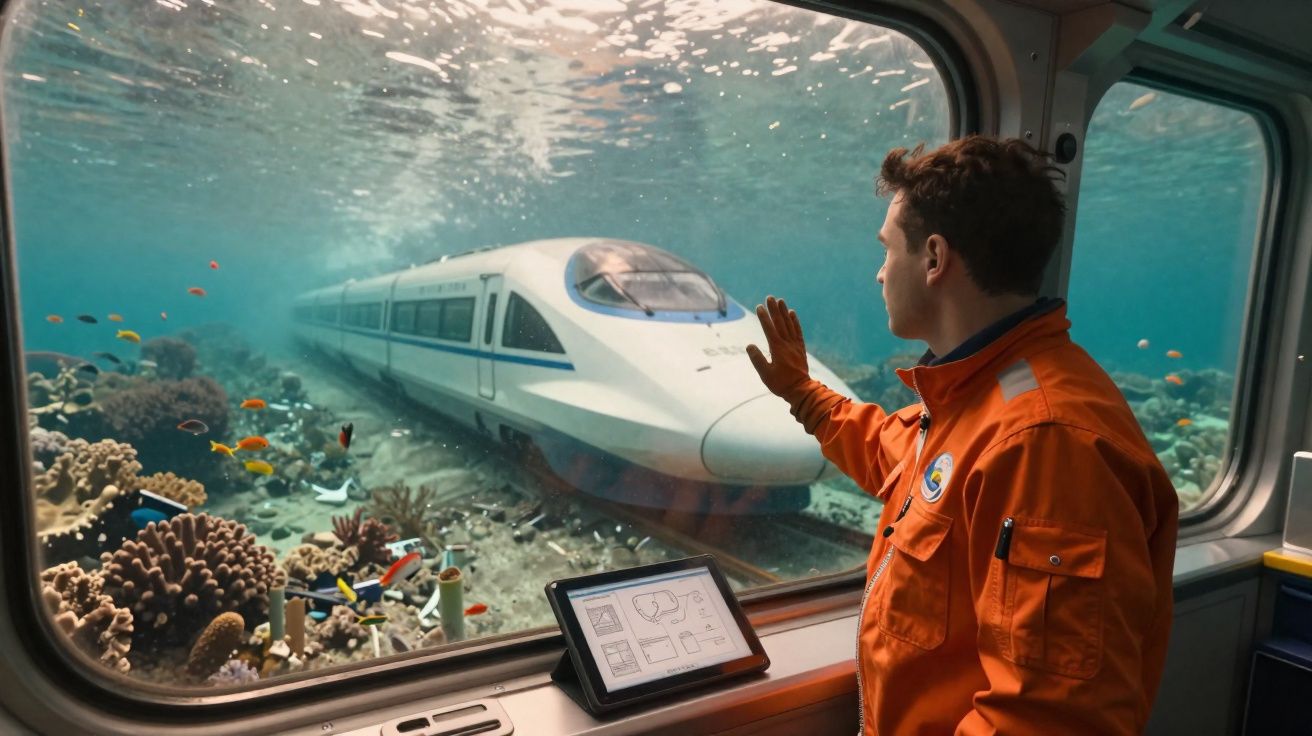 Homem observa trem de alta velocidade em estrutura submarina com peixes e corais ao redor.