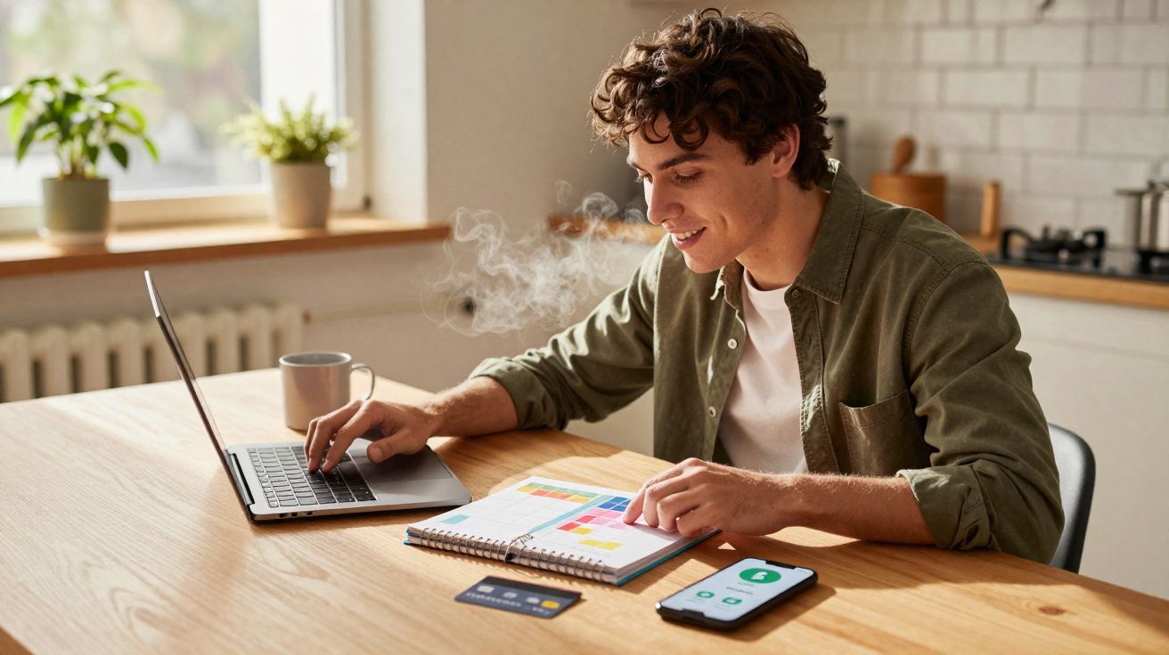 Homem jovem sorrindo trabalha em notebook com planner, cartão e celular em mesa clara na cozinha.