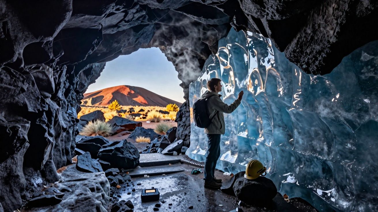 Pessoa dentro de caverna tocando parede de gelo com vulcão e vegetação seca ao fundo sob céu claro.
