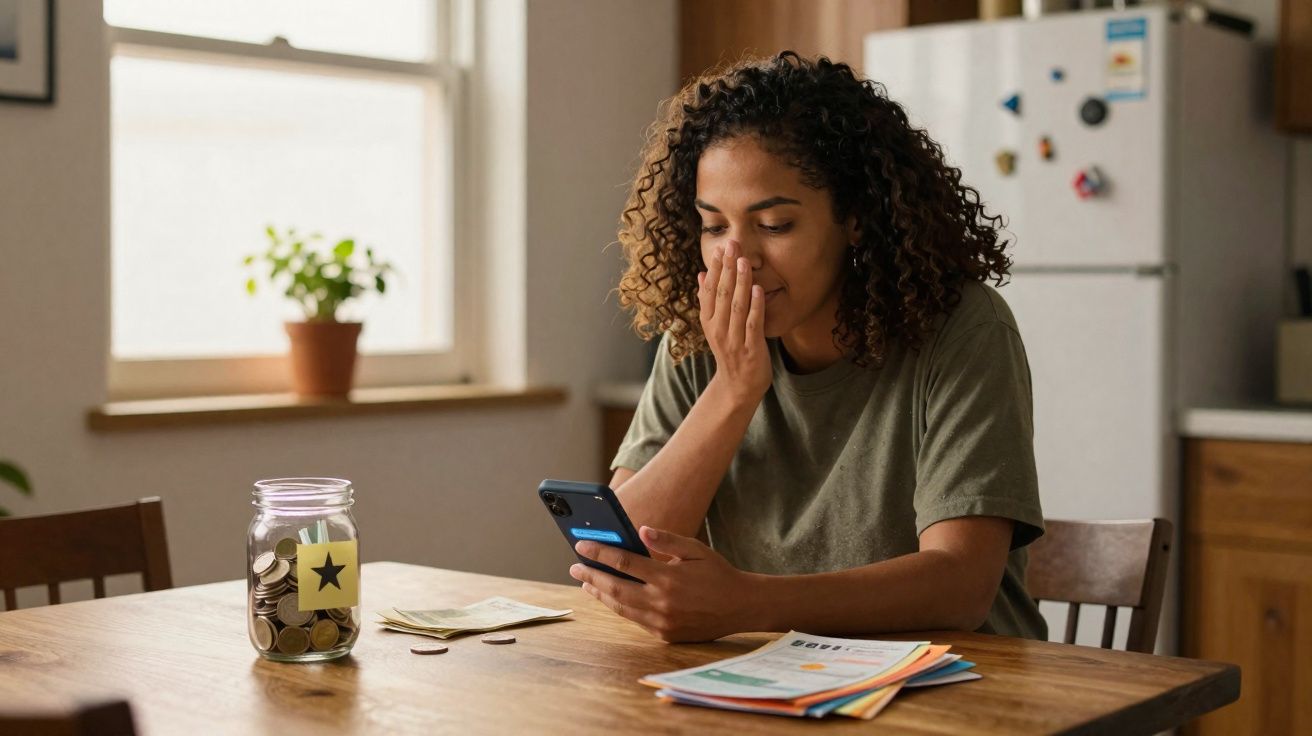 Mulher sentada à mesa olhando celular, com jarra de moedas e contas ao lado, em ambiente de cozinha.