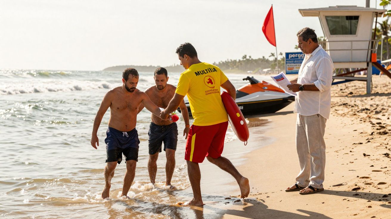 Salva-vidas ajuda homens a saírem do mar em praia com bandeira vermelha e homem lendo documento na areia.