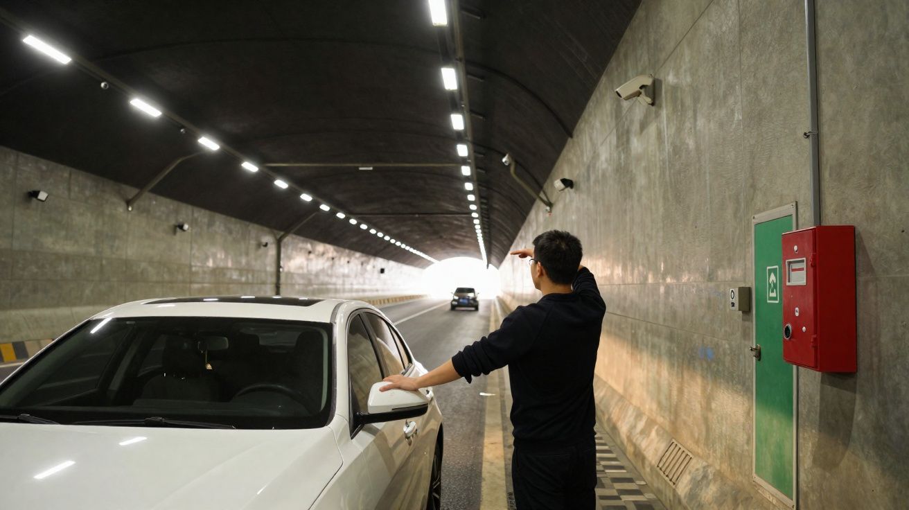 Homem aponta para frente em túnel enquanto está ao lado de carro branco parado na via.