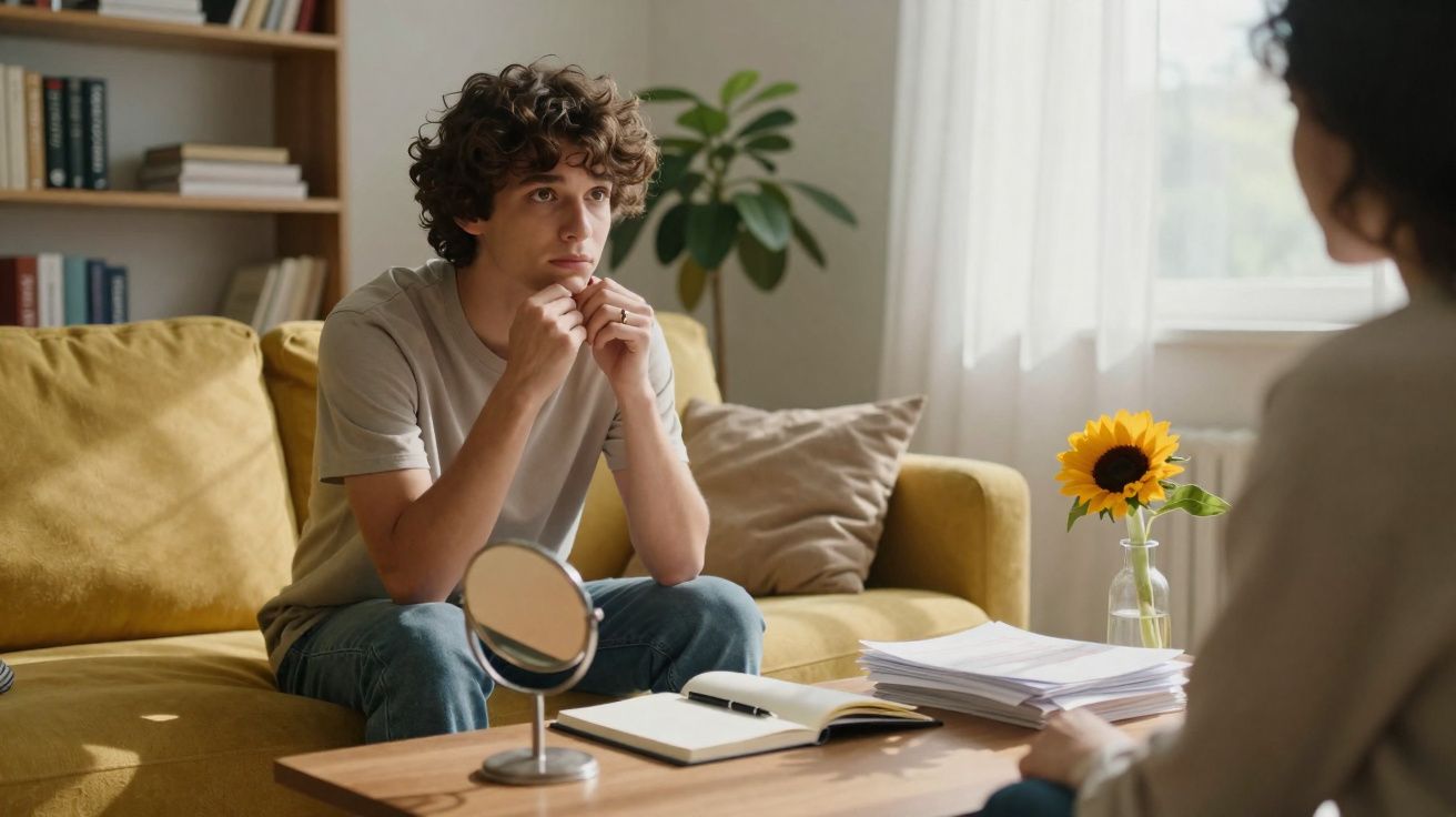 Jovem sentado em sofá amarelo, com expressão pensativa, em conversa em ambiente iluminado com mesa e papéis.