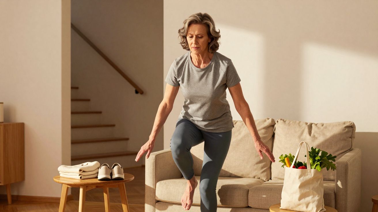 Mulher madura fazendo exercício de equilíbrio em sala de estar com sofá e sacola de feira.