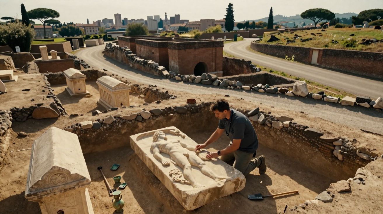 Escavação arqueológica com homem examinando sarcófago antigo em sítio histórico ao ar livre.
