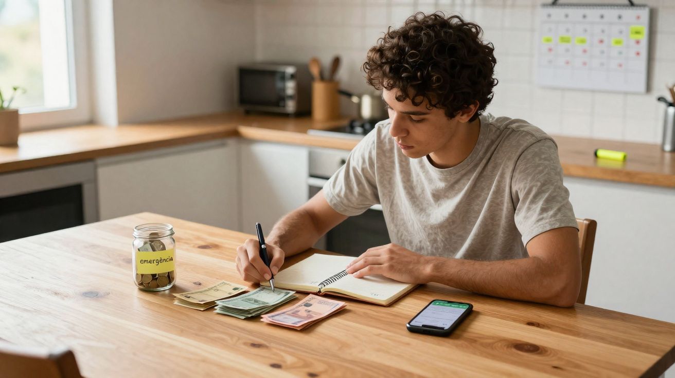 Jovem sentado à mesa, contando dinheiro e anotando em caderno próximo a um pote rotulado "emergência".