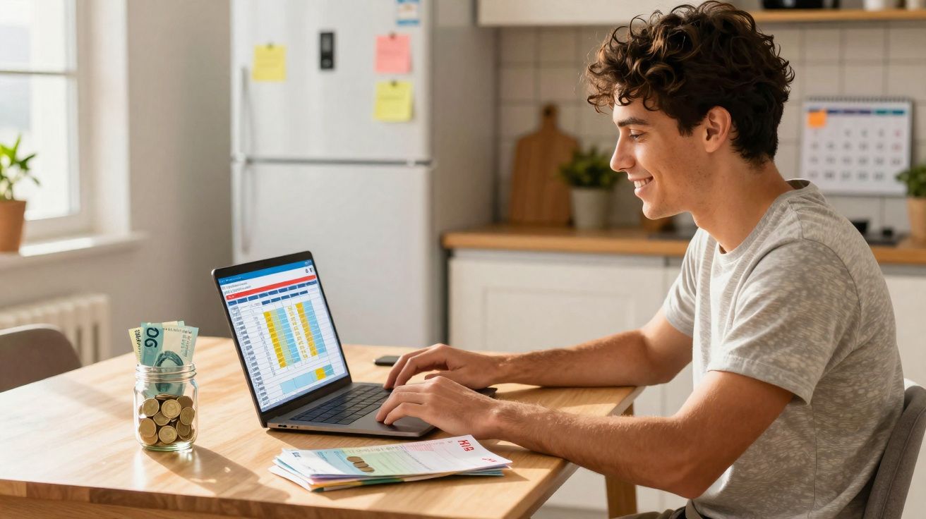 Jovem usando laptop para organizar finanças em planilha, com jarra de moedas na mesa da cozinha.