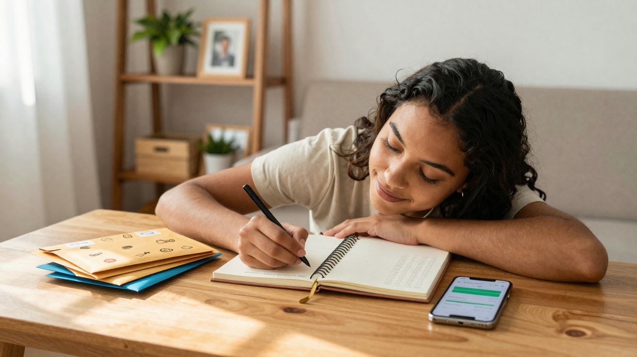 Jovem sentada à mesa escrevendo em caderno, com celular e envelopes ao lado, em ambiente iluminado.