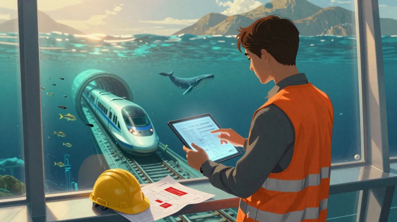 Homem com colete laranja verifica planos em tablet dentro de estação subaquática com trem passando no túnel.