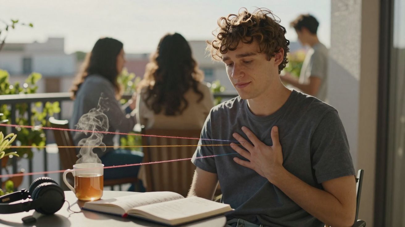 Jovem sentado em varanda com livro aberto, segurando o peito, olhar contemplativo e fios coloridos conectados a uma xícara fu