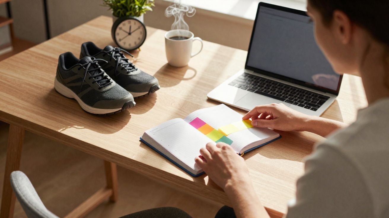 Pessoa organizando notas coloridas em caderno próximo a notebook, tênis, relógio e xícara de café na mesa.