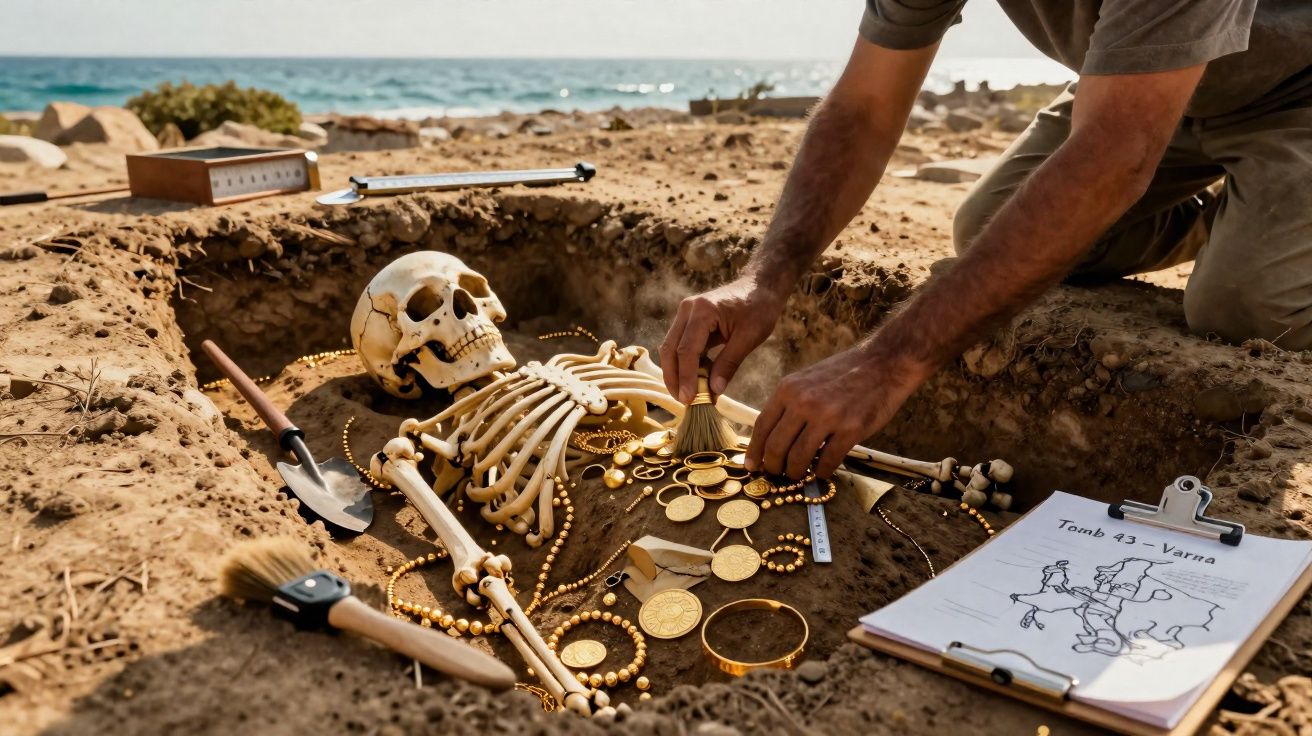 Escavação arqueológica de esqueleto com joias douradas e ferramentas de escavação na praia.