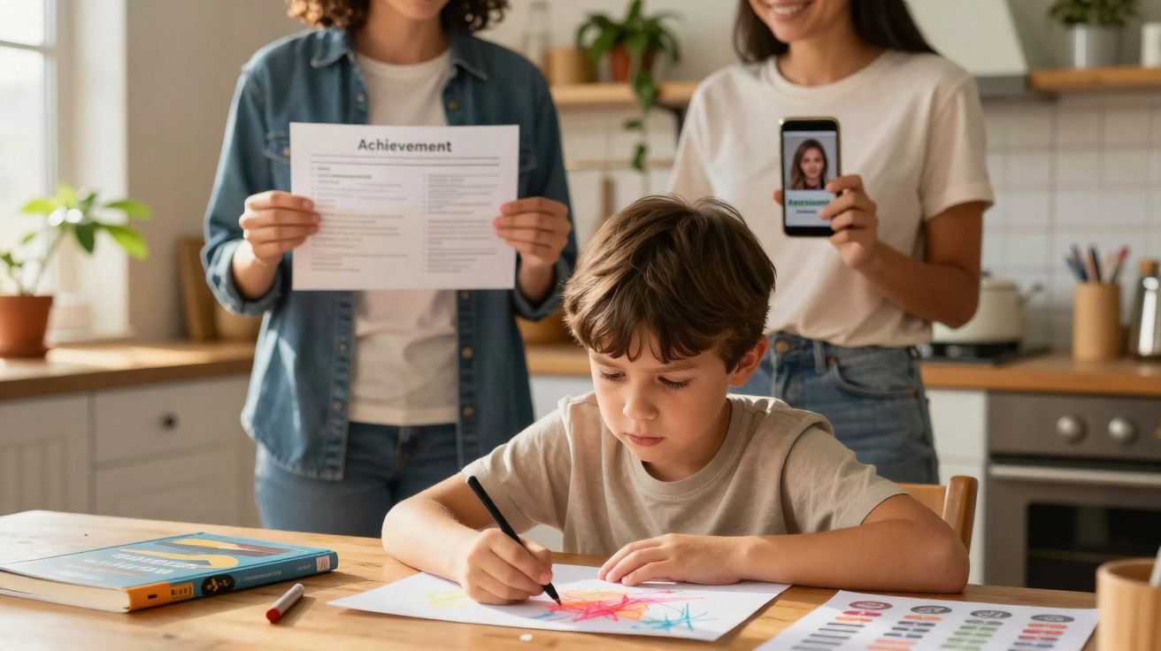 Criança desenhando na mesa enquanto duas mulheres ao fundo seguram certificados e celular com foto.