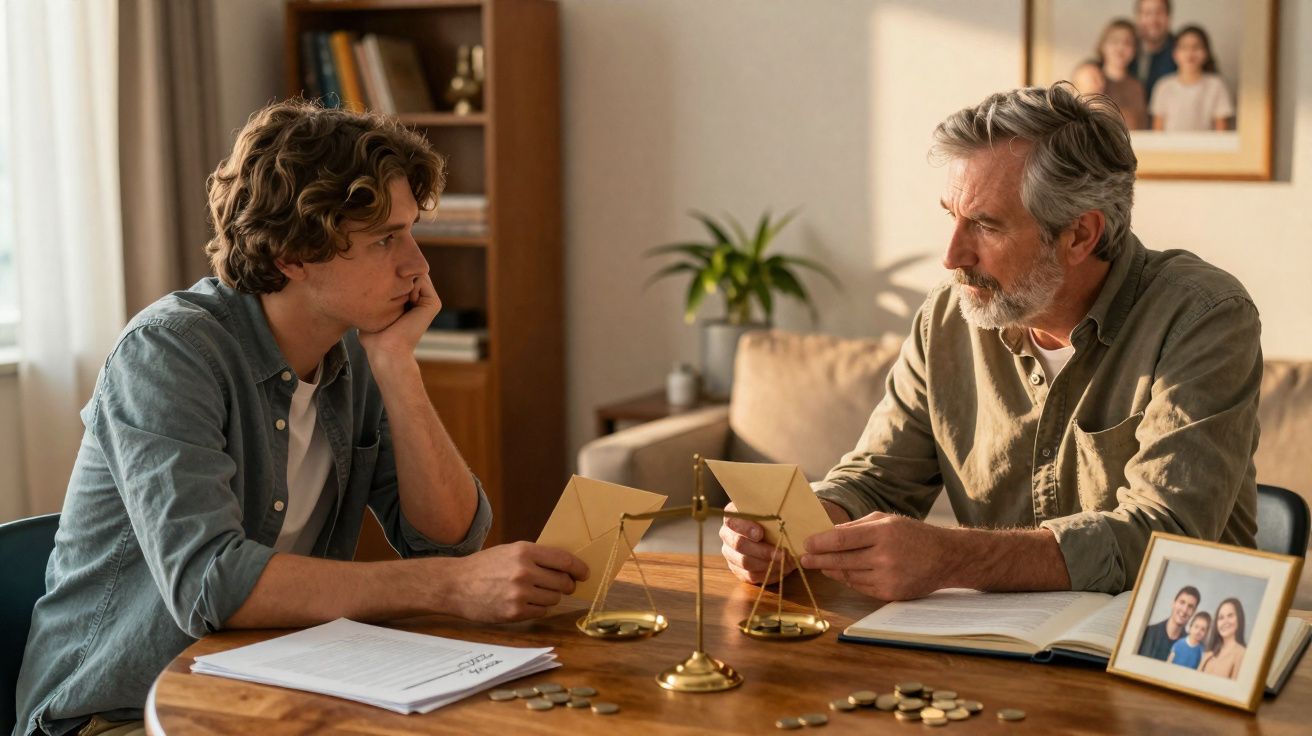 Homem mais velho e jovem conversam numa mesa com moedas, cartas e balança, em ambiente aconchegante.