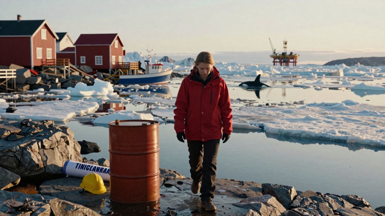Mulher com casaco vermelho caminha em costa rochosa próxima a gelo e casas vermelhas no Ártico.