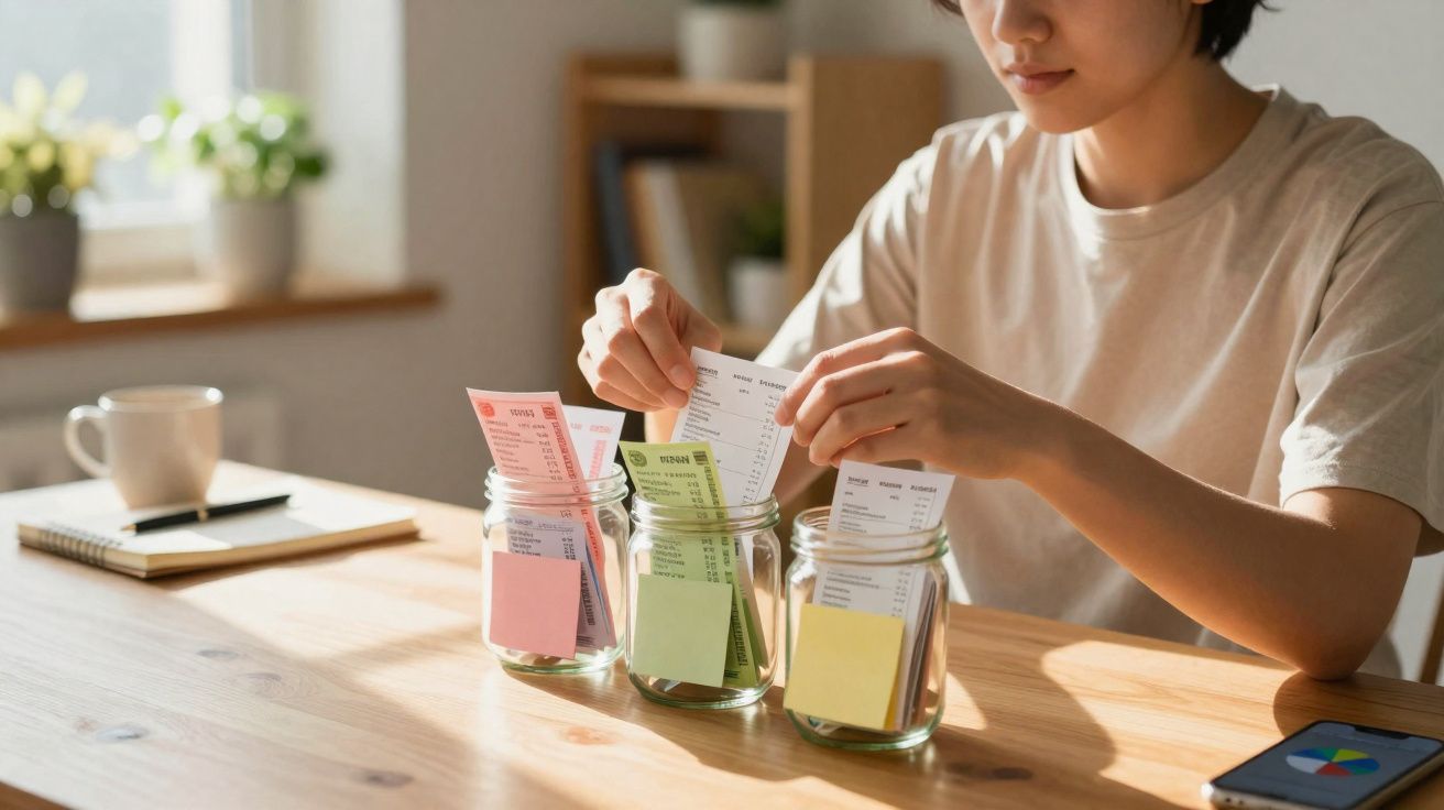 Pessoa organizando papeis em potes de vidro sobre mesa de madeira, com celular e caneca ao lado.