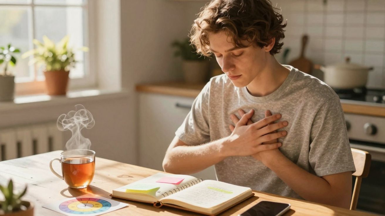 Jovem sentado à mesa lendo e com as mãos no peito, chá quente e planner na frente, em cozinha iluminada.