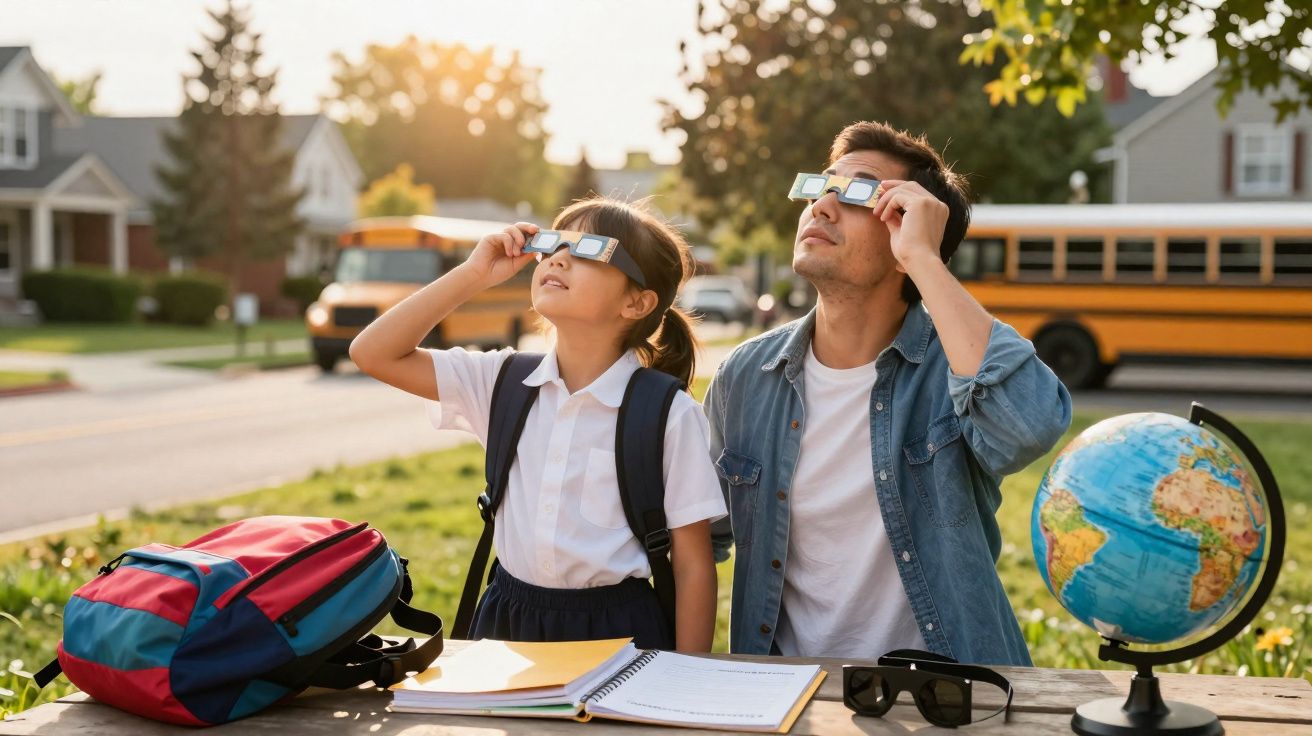 Pai e filha com óculos especiais observam eclipse solar ao ar livre, com mochila, caderno e globo terrestre na mesa.