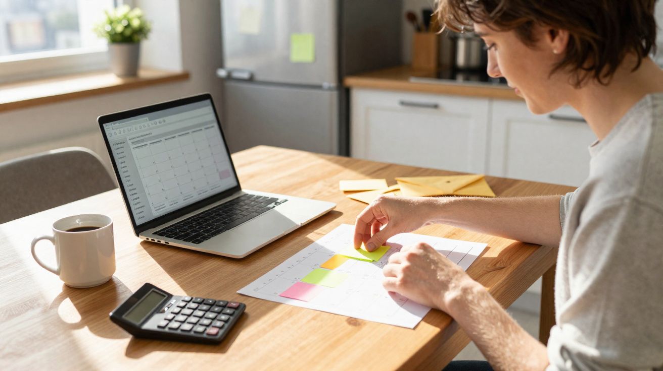 Pessoa organizando calendário com post-its coloridos em mesa com notebook, calculadora e xícara de café.