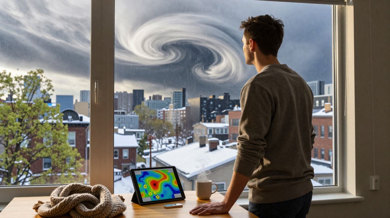 Homem observa redemoinho no céu urbano através de janela, com tablet e xícara sobre a mesa.