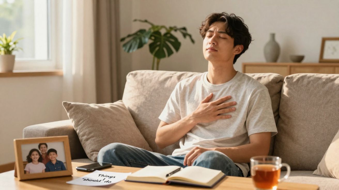 Jovem sentado no sofá segurando o peito com olhos fechados em ambiente de sala com luz natural.