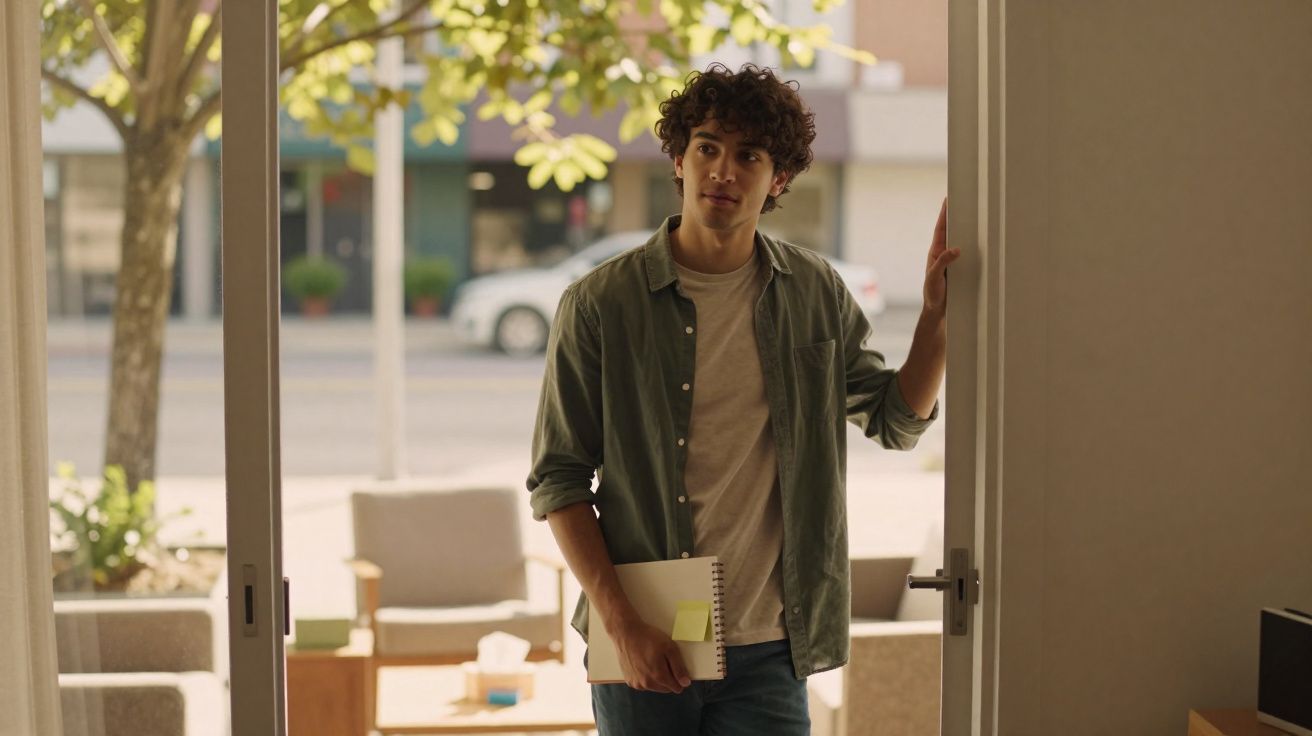 Jovem entrando em casa segurando caderno e parando na porta em ambiente com móveis e plantas ao fundo.