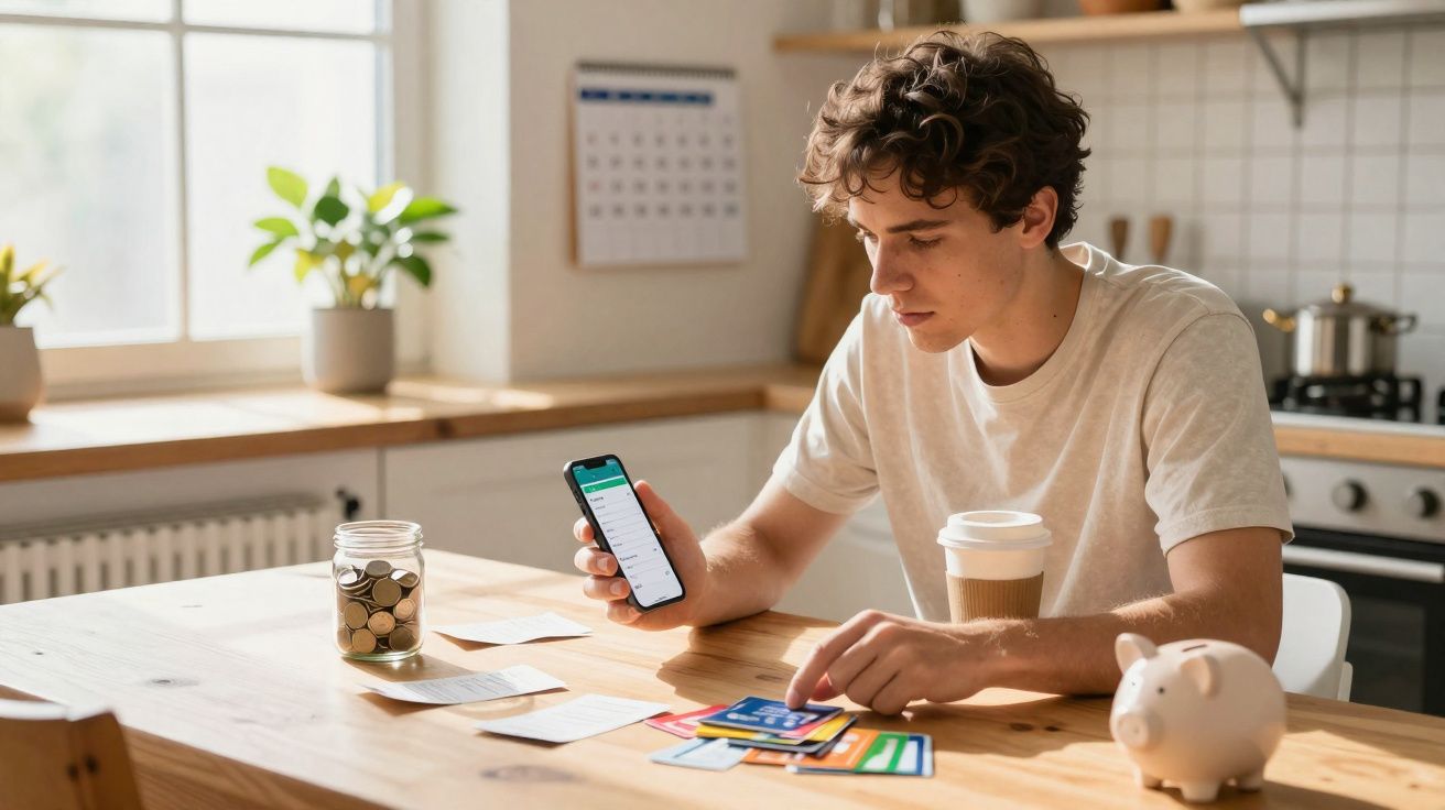 Jovem sentado à mesa organizando cartões e contas com aplicativo no celular em cozinha iluminada.