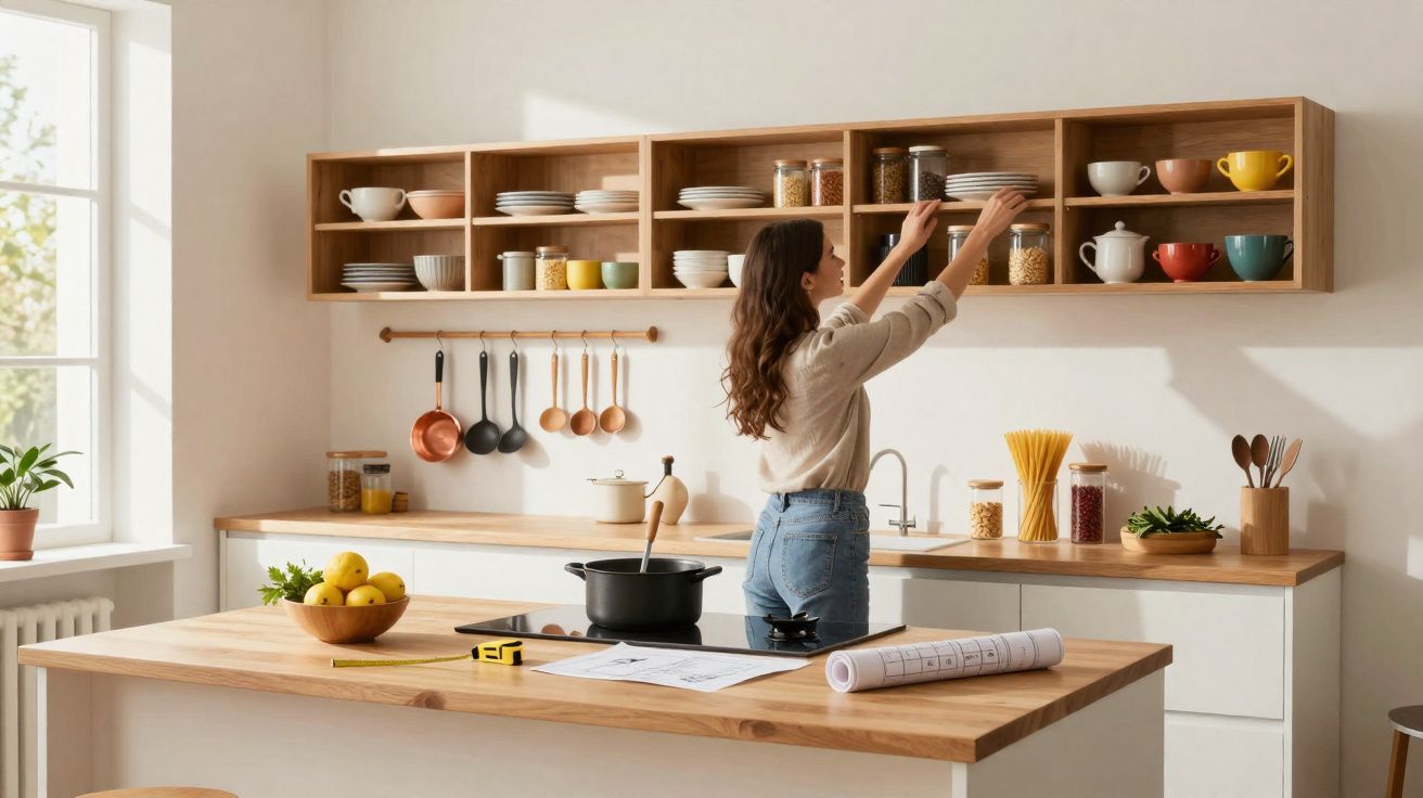 Mulher organizando mantimentos em prateleiras de cozinha moderna clara e arejada com utensílios pendurados.