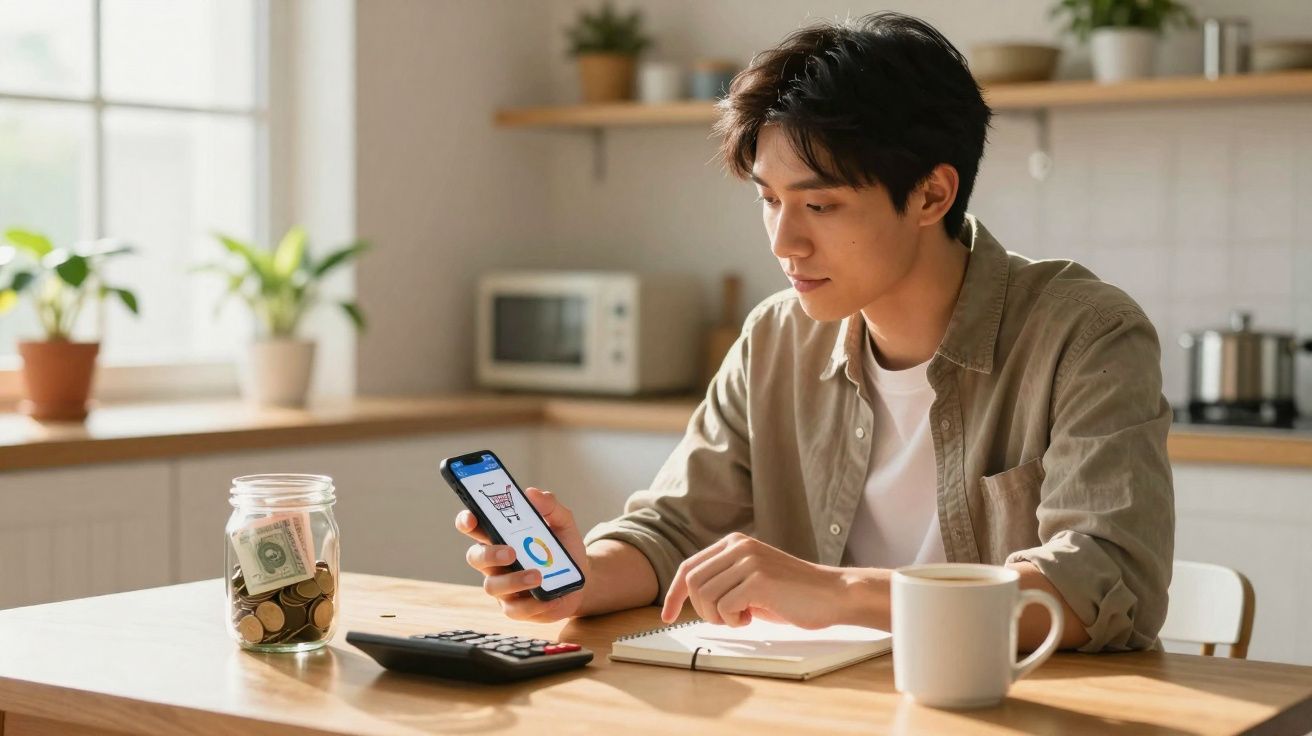 Jovem em cozinha usando celular, com cofrinho, calculadora, caderno e caneca sobre mesa de madeira.
