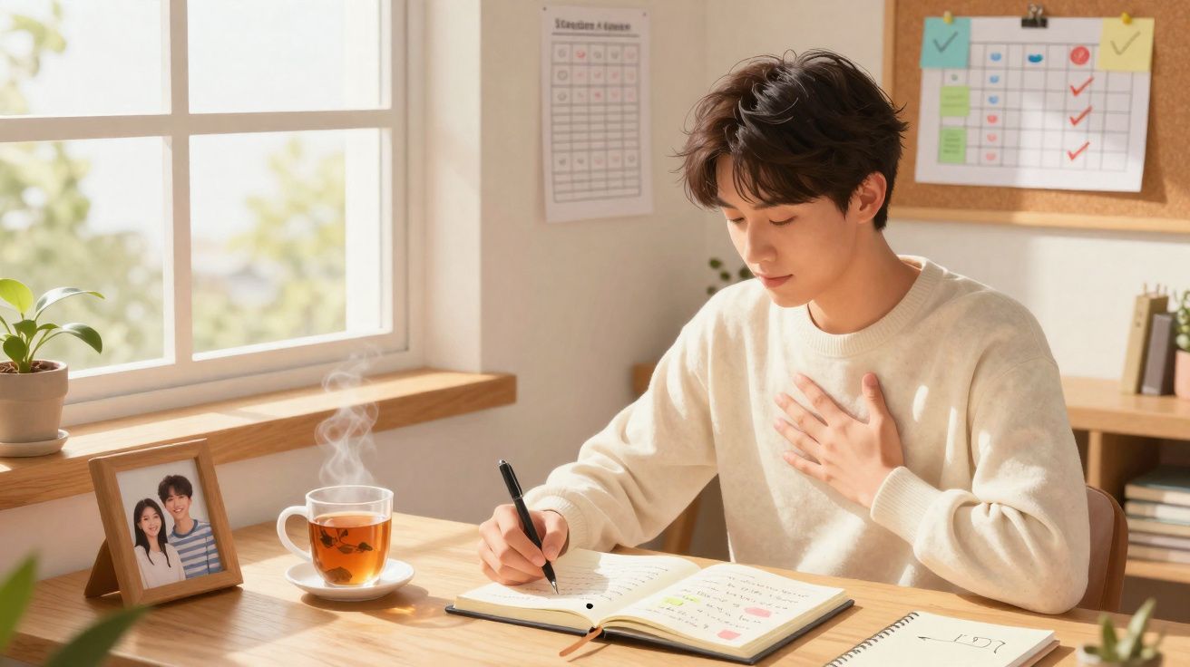 Jovem sentado à mesa escrevendo em caderno, com chá quente e foto de casal próximo à janela.