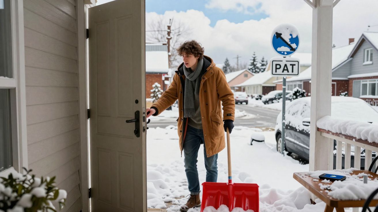 Jovem com casaco marrom e cachecol segurando pá de neve ao entrar em casa, com neve no chão e carros ao fundo.