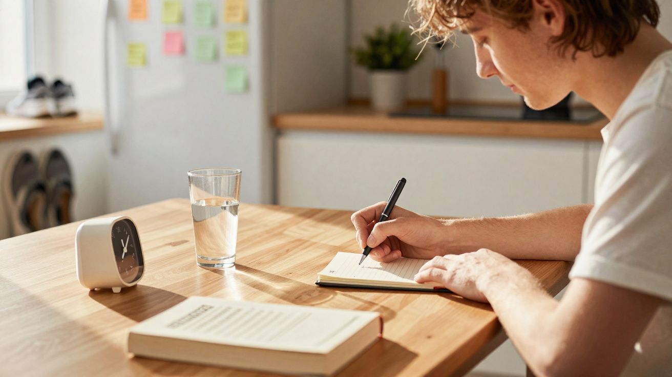 Jovem escreve em caderno sentado à mesa com livro, copo d'água e relógio em ambiente iluminado.